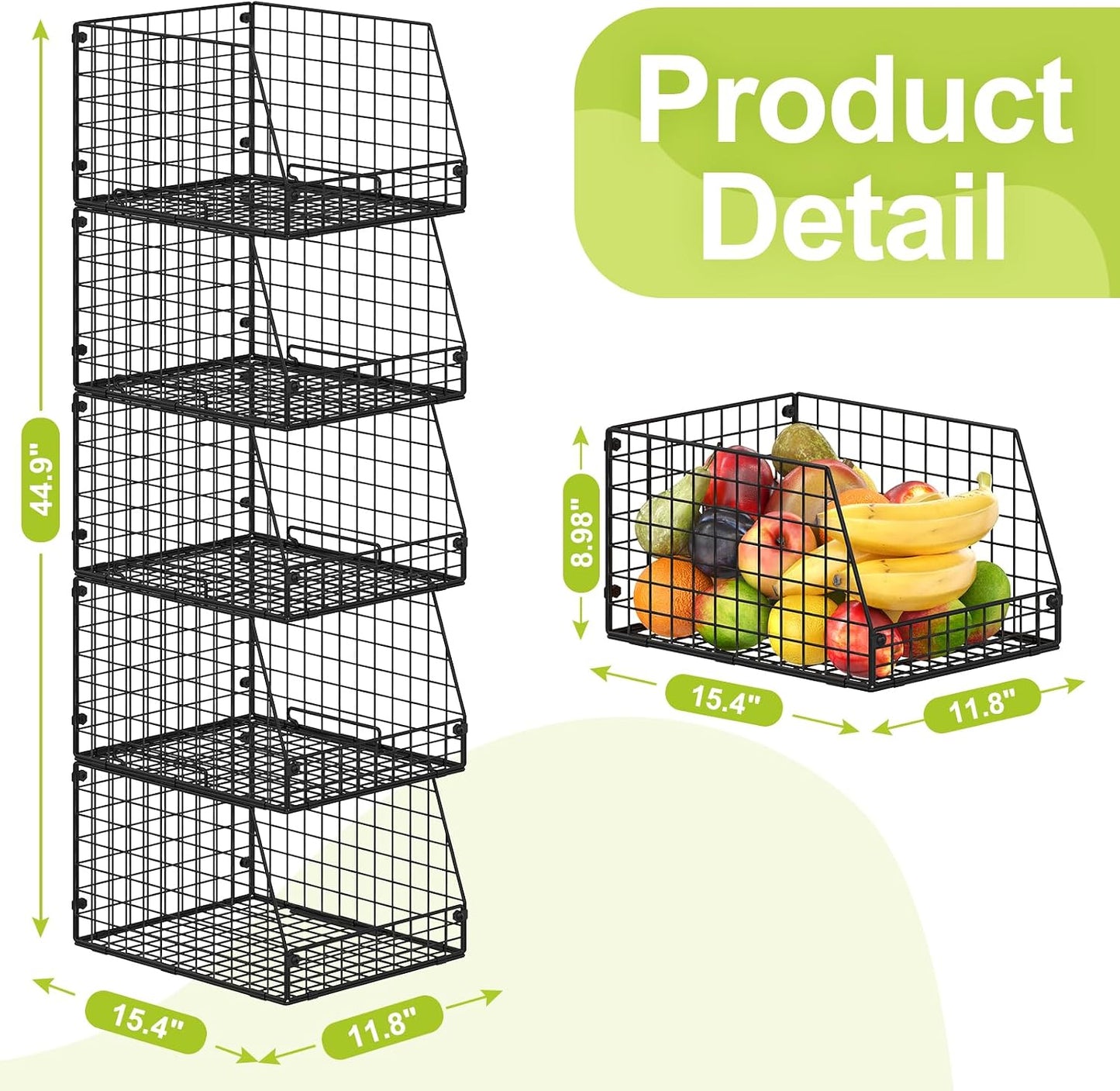 Jakyitvi 5 Pack XXL Stackable Wire Storage Basket, Extra Large Capacity Pantry Organizer and Storage, Muti-Purpose for Fruit Vegetable Basket & Toy Bin & Snack Organizer