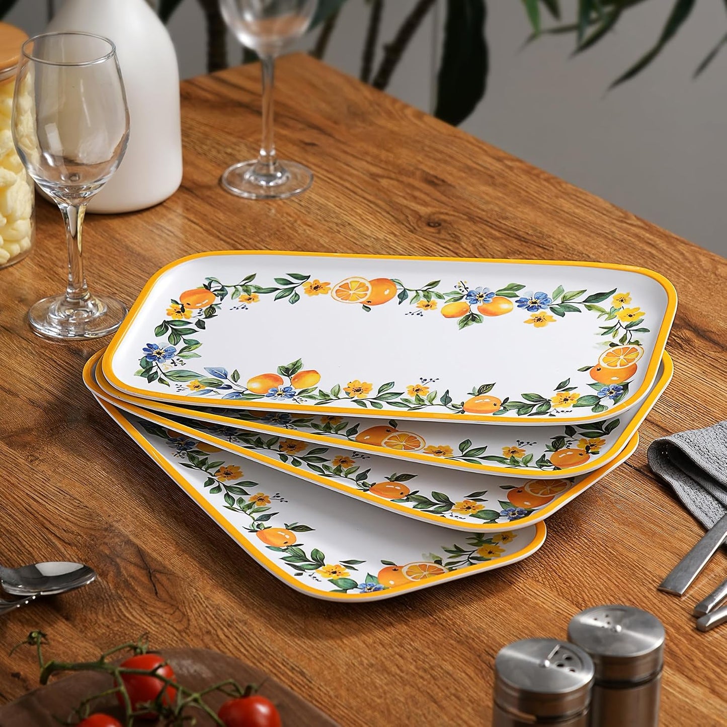2 pcs Melamine Tray Set with Strawberry Design, 19 Inch and 14.5 Inch Large Serving Plates, Unbreakable Dinnerware for RV, Camping, Party, Easy Clean