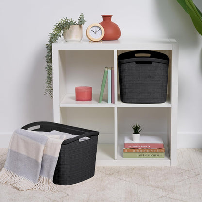 Curver Set of 4 Large 18L Easy Access Jute Decorative Plastic Organization and Storage Baskets - Perfect Bins for Home Office, Closet Shelves, Kitchen Pantry and All Bedroom Essentials, Black