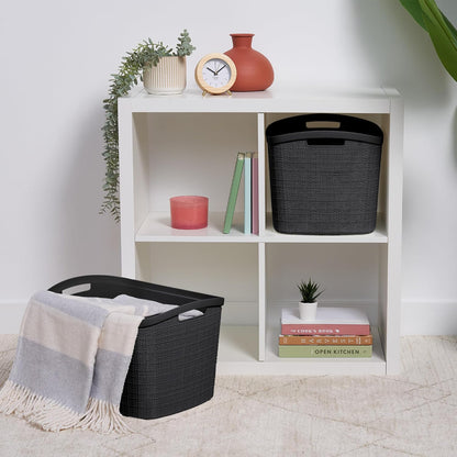 Curver Set of 4 Large 18L Easy Access Jute Decorative Plastic Organization and Storage Baskets - Perfect Bins for Home Office, Closet Shelves, Kitchen Pantry and All Bedroom Essentials, Black