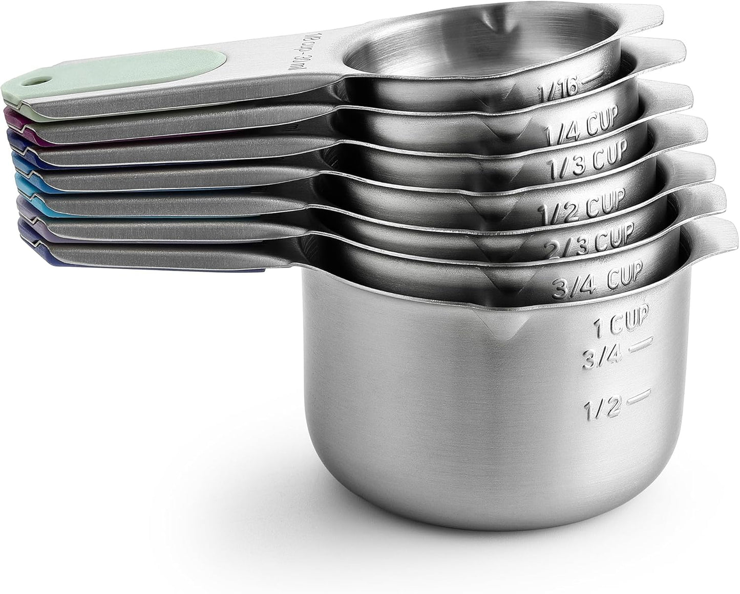 Spring Chef Stainless Steel Measuring Cups Set of 7 with Pour Spout - Nesting Kitchen Tools with Easy Read Markings to Measure Dry or Liquid Ingredients - Metal Measuring Cups for Baking & Cooking