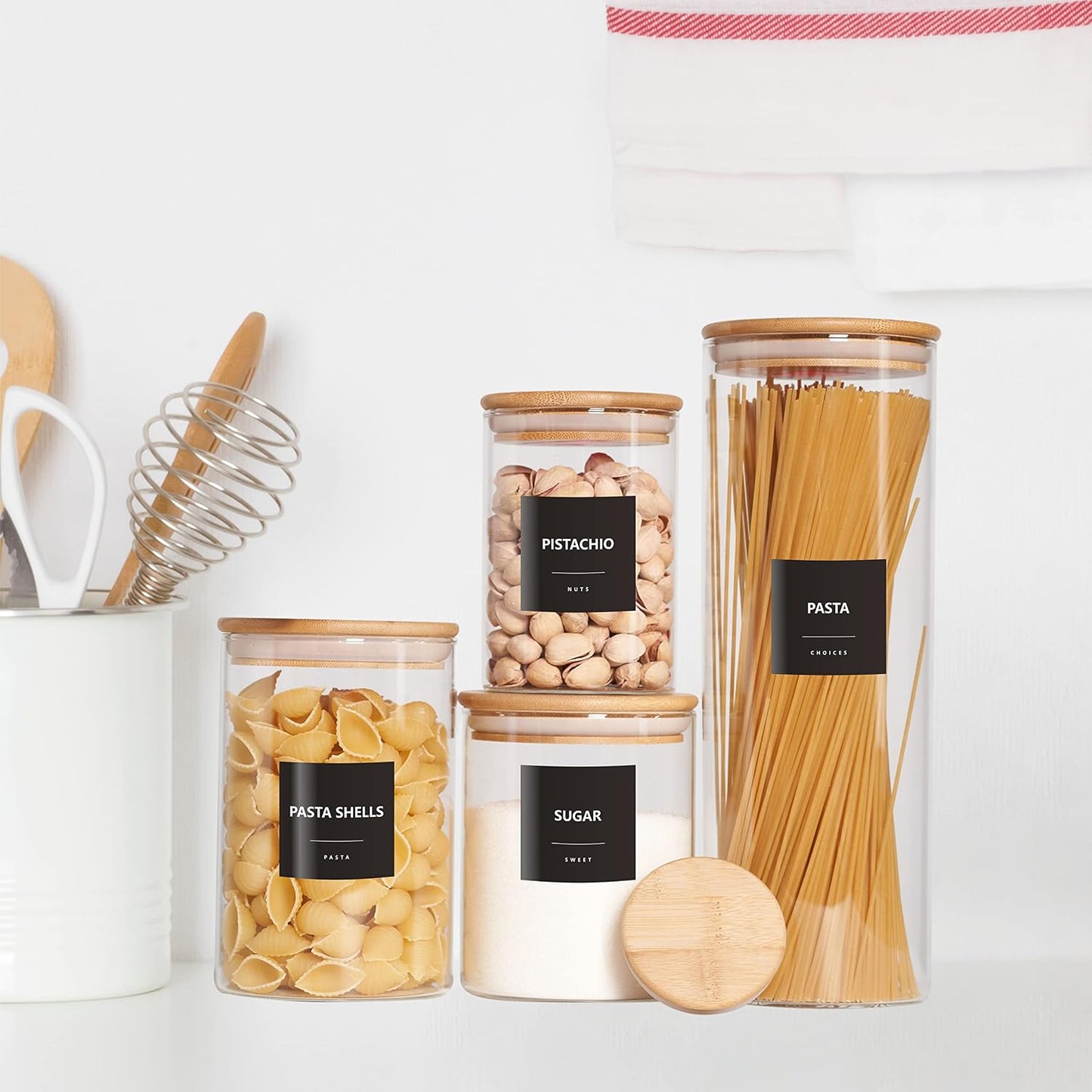 Hebayy 308 Pantry Food Labels, 280 Preprinted Flour Pasta Lentil Grain Condiment Oil Stickers, 28 Blank Ones, Waterproof Oil&Tear Resistant, No Residue for Kitchen Containers Jars(White on Black)