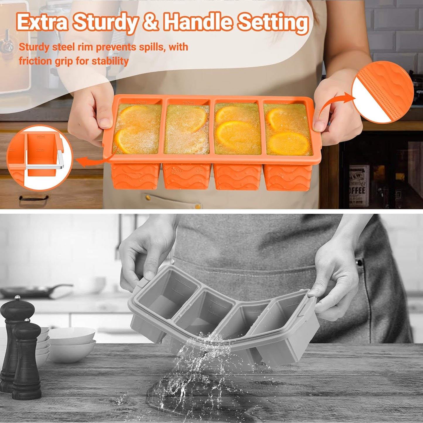 Doasuwish Silicone Freezer Molds for Soup with Lid – 1-Cup Soup Container Style Ice Cube Trays for Freezer, Meal Prep & Food Storage, Freeze 250mL/125mL Portions – 2 Pack