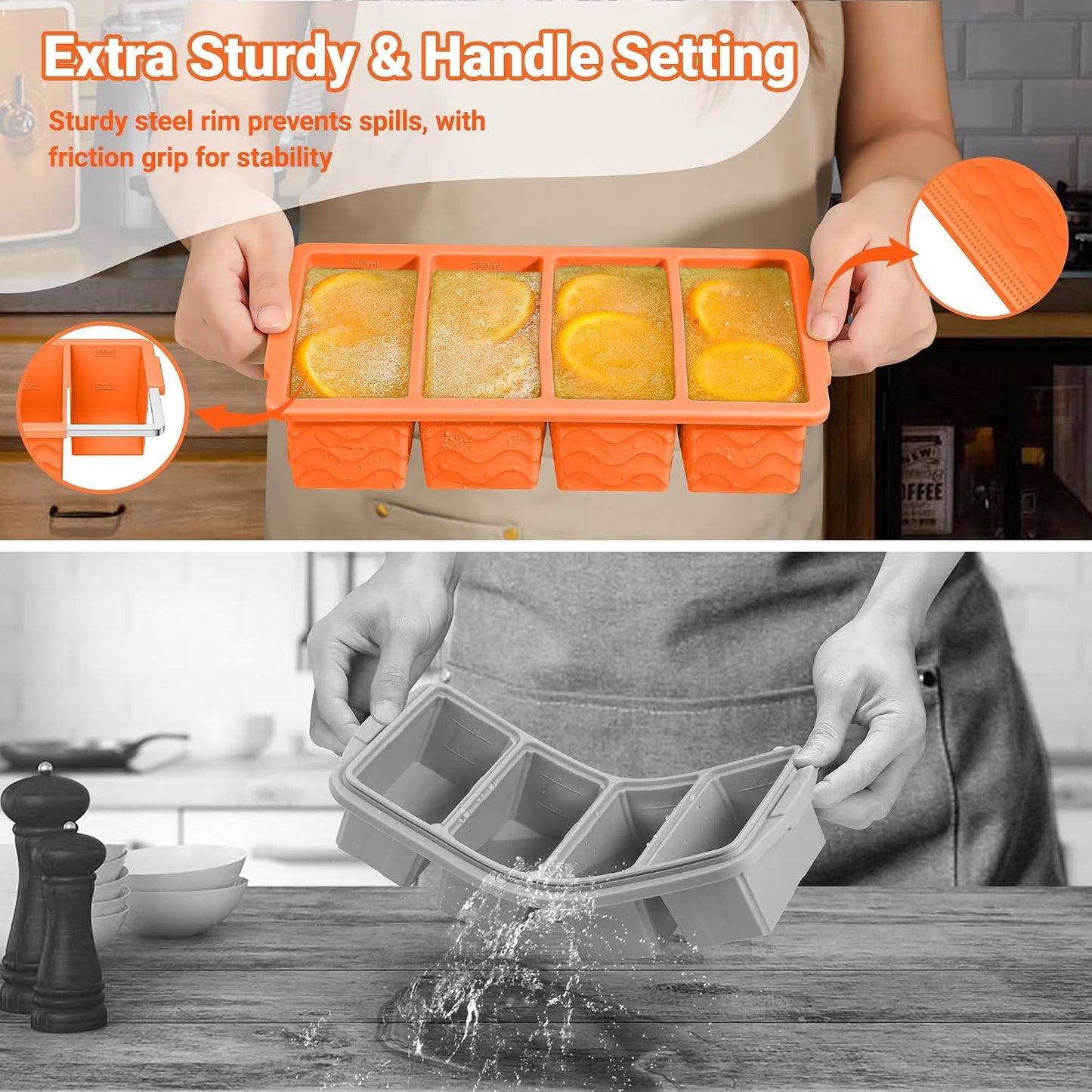 Doasuwish Silicone Freezer Molds for Soup with Lid – 1-Cup Soup Container Style Ice Cube Trays for Freezer, Meal Prep & Food Storage, Freeze 250mL/125mL Portions – 2 Pack