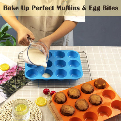 24 Cups Silicone Mini Muffin Pan Set, Nonstick Mini Cupcake Pans, BPA Free Small Muffin Tin for Baking, Set of 2 (Green+Purple)