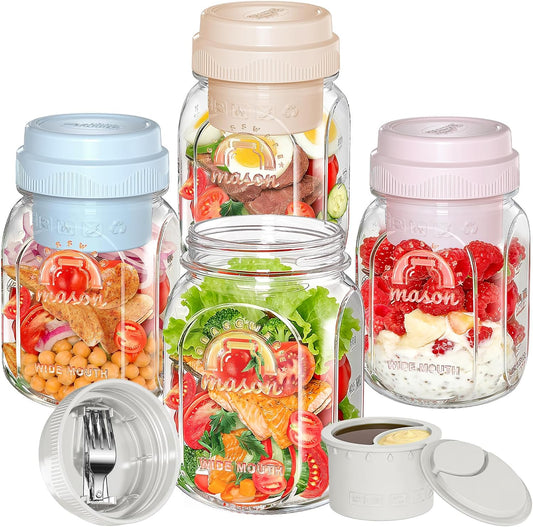 [UPGRADE] 4 Pack Glass Salad Container for Lunch, Salad Jars with Silicone Dressing Cup & Airtight Lid & Fork for Meal Prep, Wet/Dry Separation Divider for Salad Dressing and Dry Ingredients Mason Jar