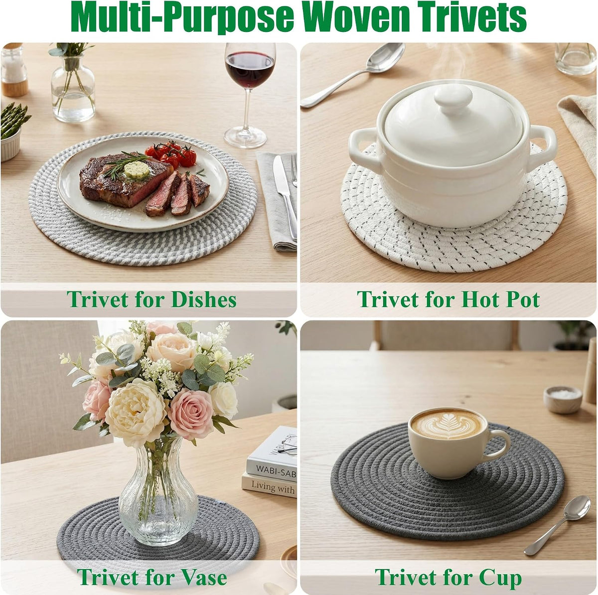 Large Trivets for Hot Dishes, Pots and Pans, Hot Pads 10 Inches 6 Pcs, Pot Holders for Kitchen, Heat Resistant Mats Protect Countertops, Kitchen Essentials Farmhouse Decor (Mix Brown)