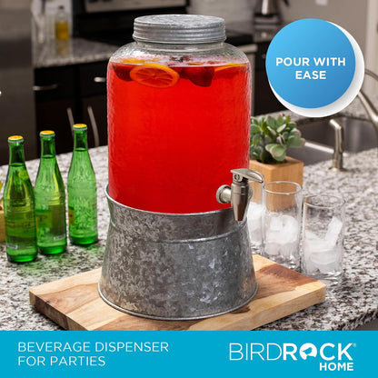 BIRDROCK HOME 2.5 Gallon Pebbled Glass Beverage Dispenser w/Galvanized Stand - Spigot - Large Jar for Water, Lemonade, Sangria, Iced Tea, Punch, Cocktail Drinks - Mason Style Jug for Parties