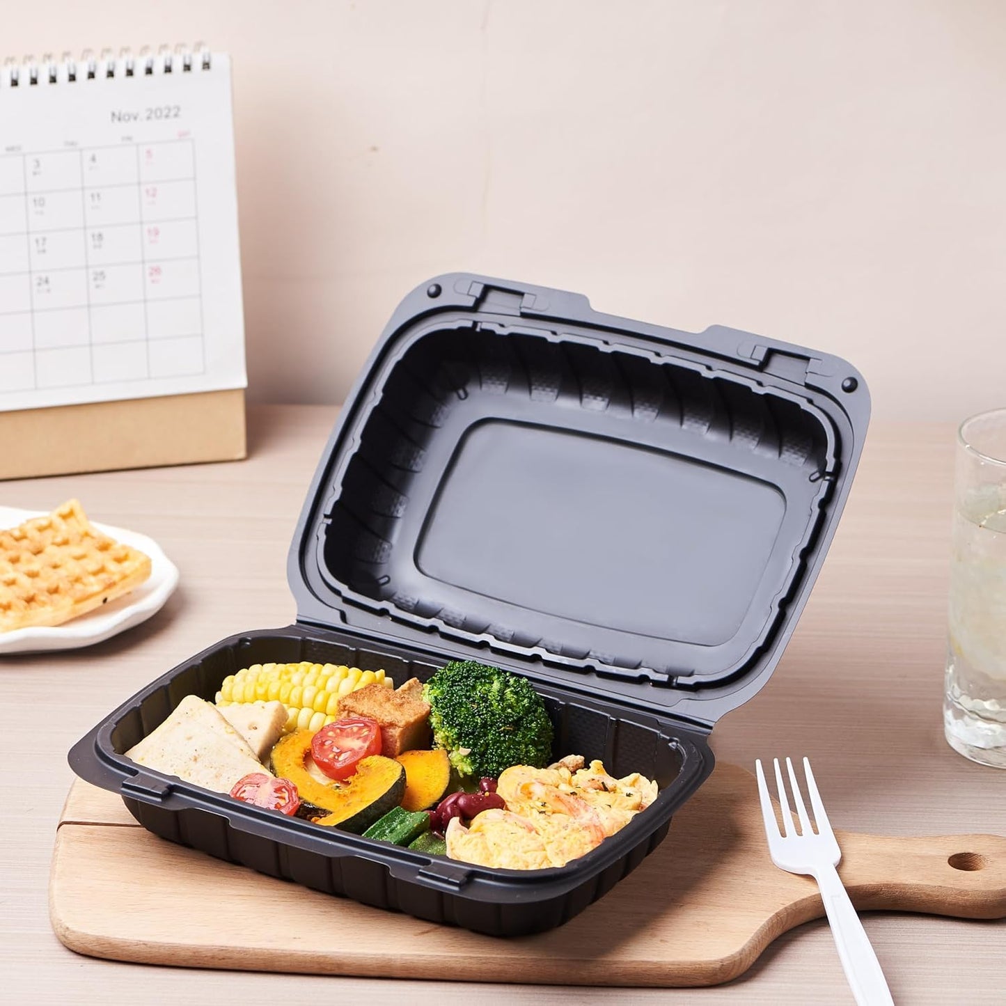 8X8 3-Compartment 50-Pack Plastic Clamshell Takeout Food Trays Heavy Duty Togo Disposable Box Carryout Meal Prep Packaging Catering Hinged Containers With Secure Snap Lid (Formerly FULING)