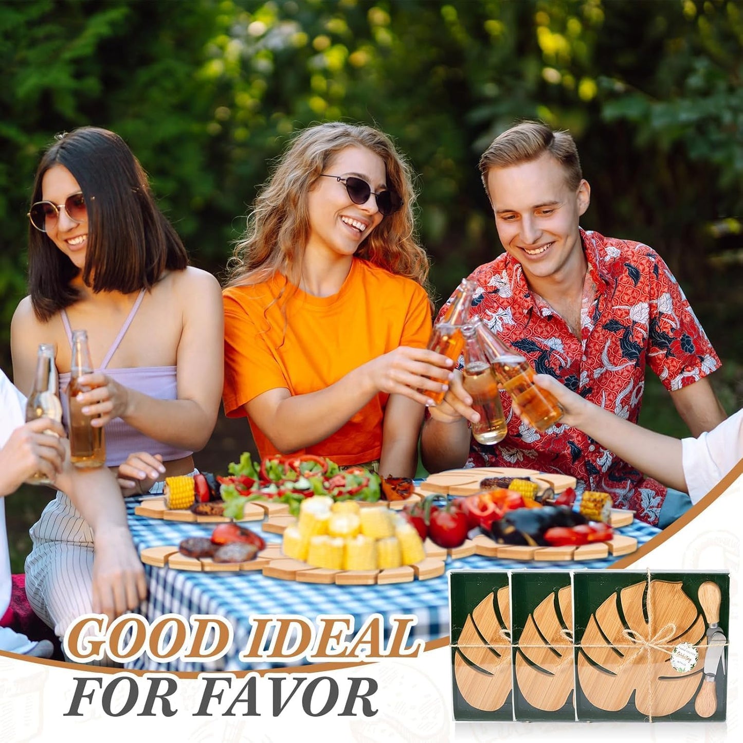 Ziliny 6 Sets Palm Leaf Hawaiian Mini Charcuterie Boards with Knives Forks and Gift Boxes, Bamboo Cheese Board Set, Luau Tropical Party Favors for Summer Beach Birthday Bridal Baby Shower