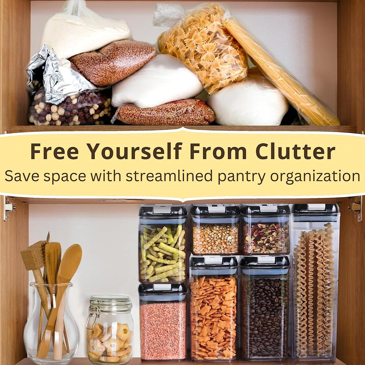 Simply Gourmet Airtight Flour and Sugar Containers with Lids – 3 Piece Kitchen Pantry Organization Set, BPA-Free Clear Plastic, Stackable Canisters for Baking Ingredients, Rice, Snacks, Cereal