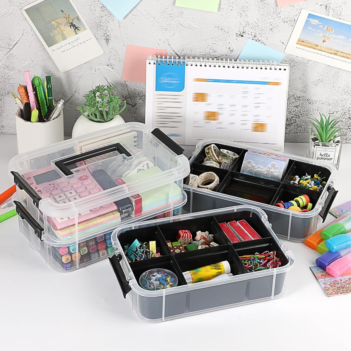 JUXYES 4-Tiers Plastic Stack Carry Storage Containers Box wih Handle Lids | Clear Stackable Latching Storage Bin With 2 Tray for School Office, Organizing Sewing, Art Craft, DIY Supplies, Blue
