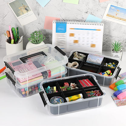 JUXYES 4-Tiers Plastic Stack Carry Storage Containers Box wih Handle Lids | Clear Stackable Latching Storage Bin With 2 Tray for School Office, Organizing Sewing, Art Craft, DIY Supplies, Blue