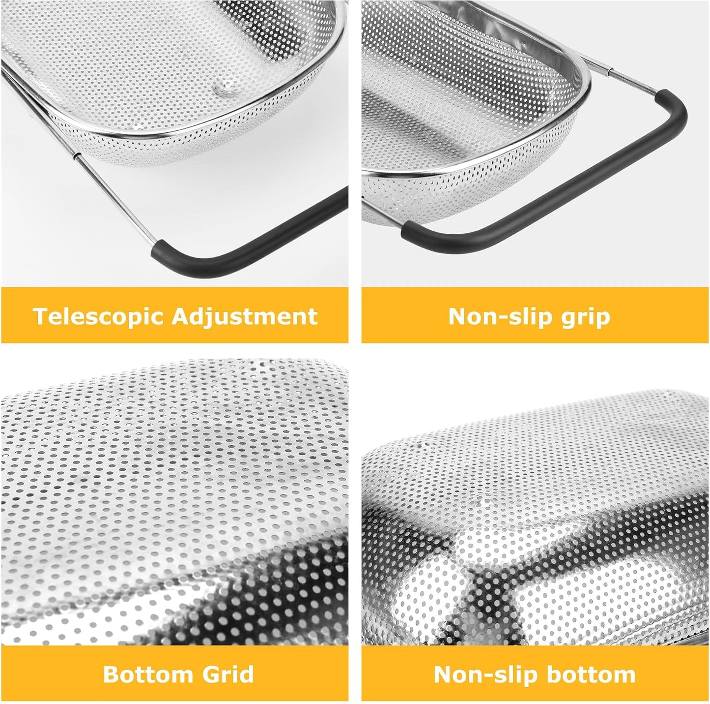 ZDRongZhen Kitchen Accessories Over the Sink Colander Strainer Basket，Stainless Steel Colander with Expandable Rubber Grip Sink Drainer-Rinse Vegetables Fruits &Strain&Drain (Large-Fine mesh)