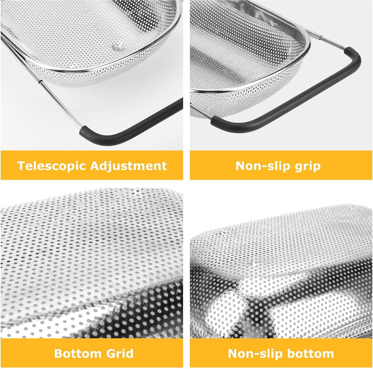 ZDRongZhen Kitchen Accessories Over the Sink Colander Strainer Basket，Stainless Steel Colander with Expandable Rubber Grip Sink Drainer-Rinse Vegetables Fruits &Strain&Drain (Large-Fine mesh)