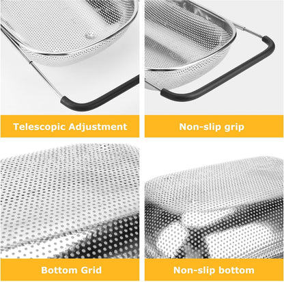ZDRongZhen Kitchen Accessories Over the Sink Colander Strainer Basket，Stainless Steel Colander with Expandable Rubber Grip Sink Drainer-Rinse Vegetables Fruits &Strain&Drain (Large-Fine mesh)
