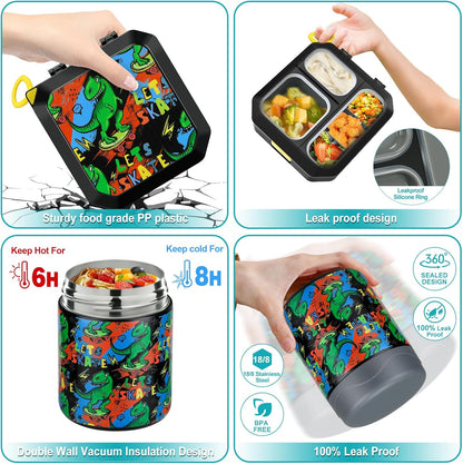 wiwens Bento Lunch Box for Kids with 12oz Soup Thermo Leak-Proof Lunch Food Container with 5 Compartment Thermo Hot Food Jar and Insulated Lunch Bag for Kid Toddler Girls Boys to School
