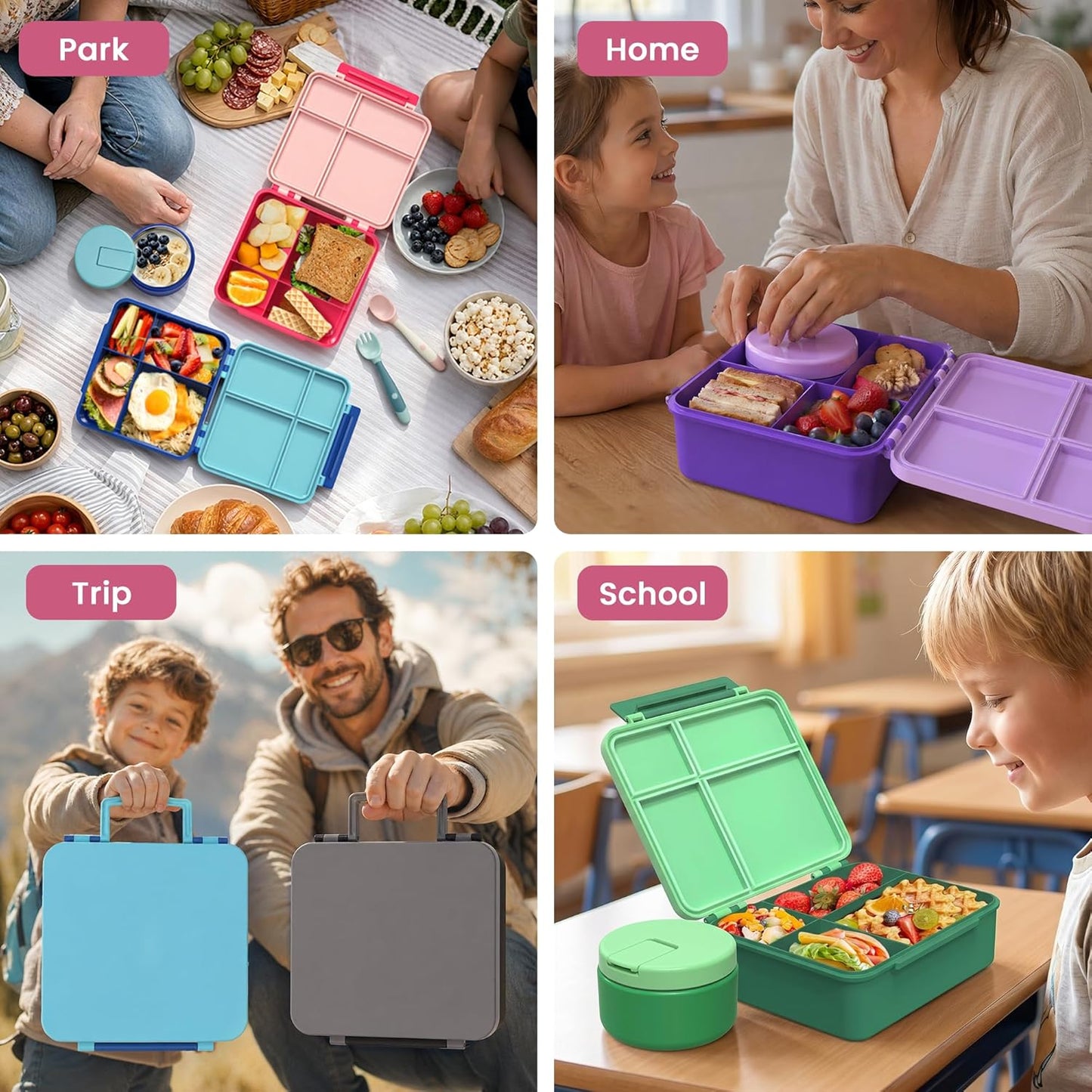 LOHASOK Bento Lunch Box Kids with 8oz Soup Thermo, Leak-Proof Lunch Containers with 4 Compartment, Thermo Hot Food Jar and Insulated Lunch Box for School Blue