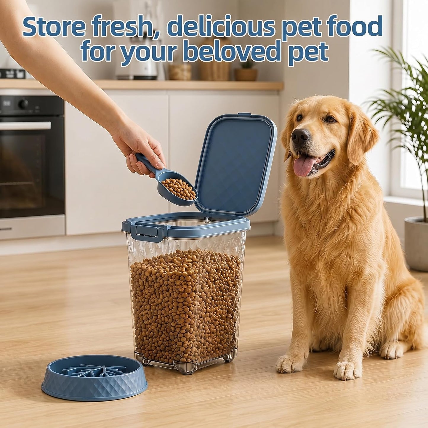 Airtight Dog Food Storage Container 30 lb with Attachable Wheels, Clear Pet Food Sorage Containers with Scoop & Slow-Feeding Bowl, Easy to Move Clean Refill, Fit for Dog Cat Bird Food