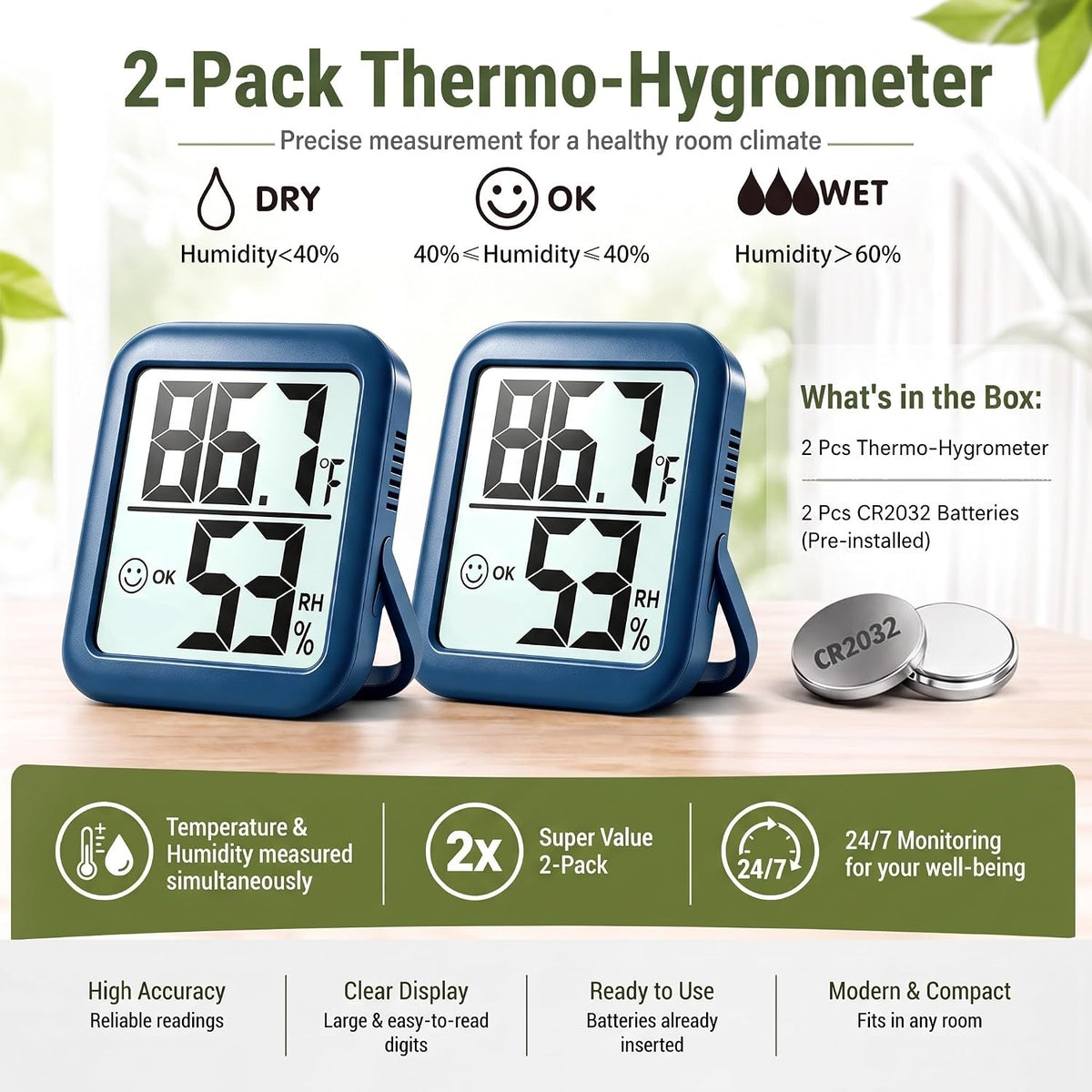 Antonki 2 Pack Room Thermometer Indoor Hygrometer