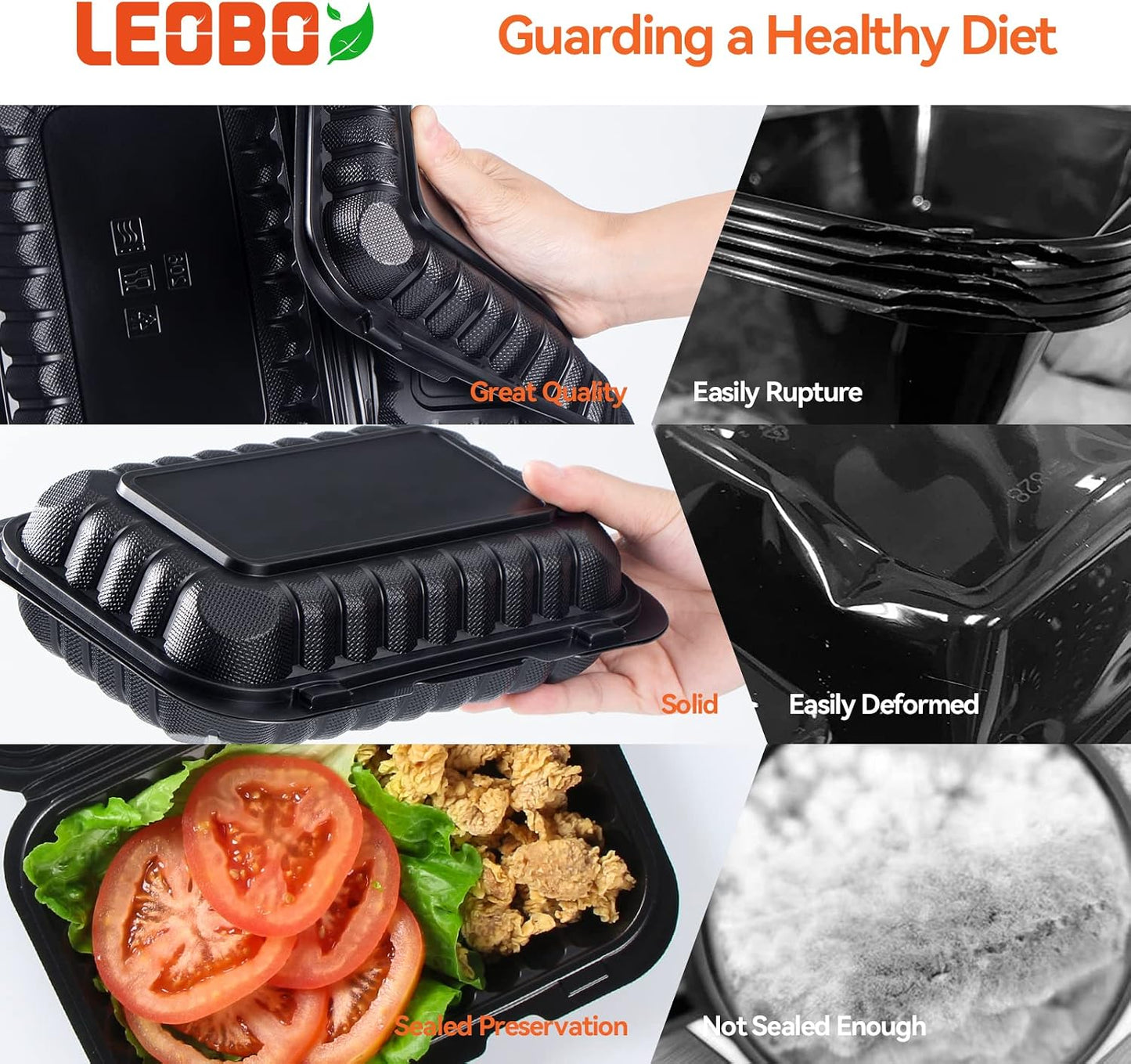 Takeout Container Mineral Filled PP Plastic - 7.8 Inch 30oz 65 Pack BPA Free 3 Compartments Shrink Wrap Bento Box | Freezer & Microwave Safe for Picnic | Black Reusable & Disposable Containers