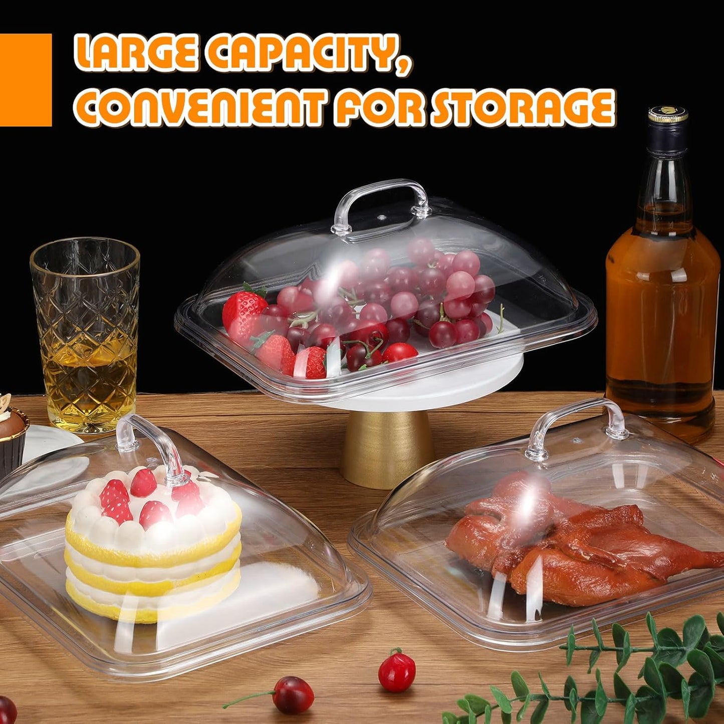 4 Pack Clear Acrylic Serving Tray with Dome Lid Rectangular Food Tray for Cake Dessert Buffet Serving Food Banquets Parties Restaurant Display,10.83 x 8.46 x 5.59 in