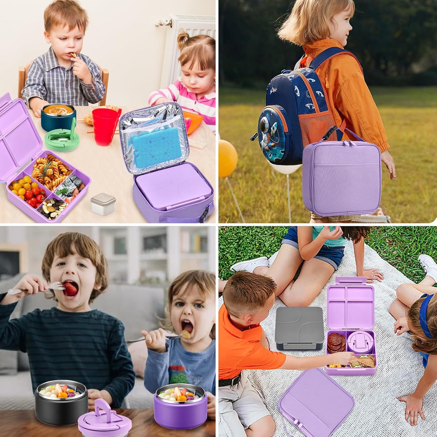 Bento Lunch Box with 8oz Soup Thermo,Kids Leakproof 4 Compartment Lunch Food Containers with Sauce Cup and Ice Pack,Kids Thermo Insulated Hot Food Jar and Lunch Bag for School,Trvael-Black