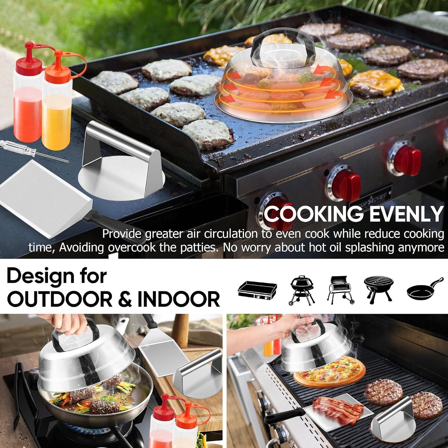 Smash Burger Kit Griddle Accessories (6Pcs), Joyfair 9in Basting Cover with Grill Spatula & Bacon Press Set, Stainless Steel Hamburger Turner, Melting Dome, Patty Press for Outdoor BBQ Kitchen Cooking