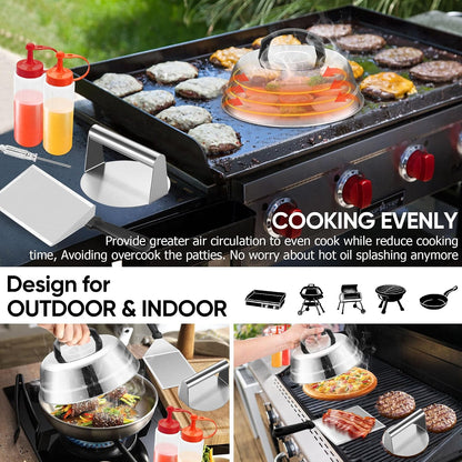 Smash Burger Kit Griddle Accessories (6Pcs), Joyfair 9in Basting Cover with Grill Spatula & Bacon Press Set, Stainless Steel Hamburger Turner, Melting Dome, Patty Press for Outdoor BBQ Kitchen Cooking