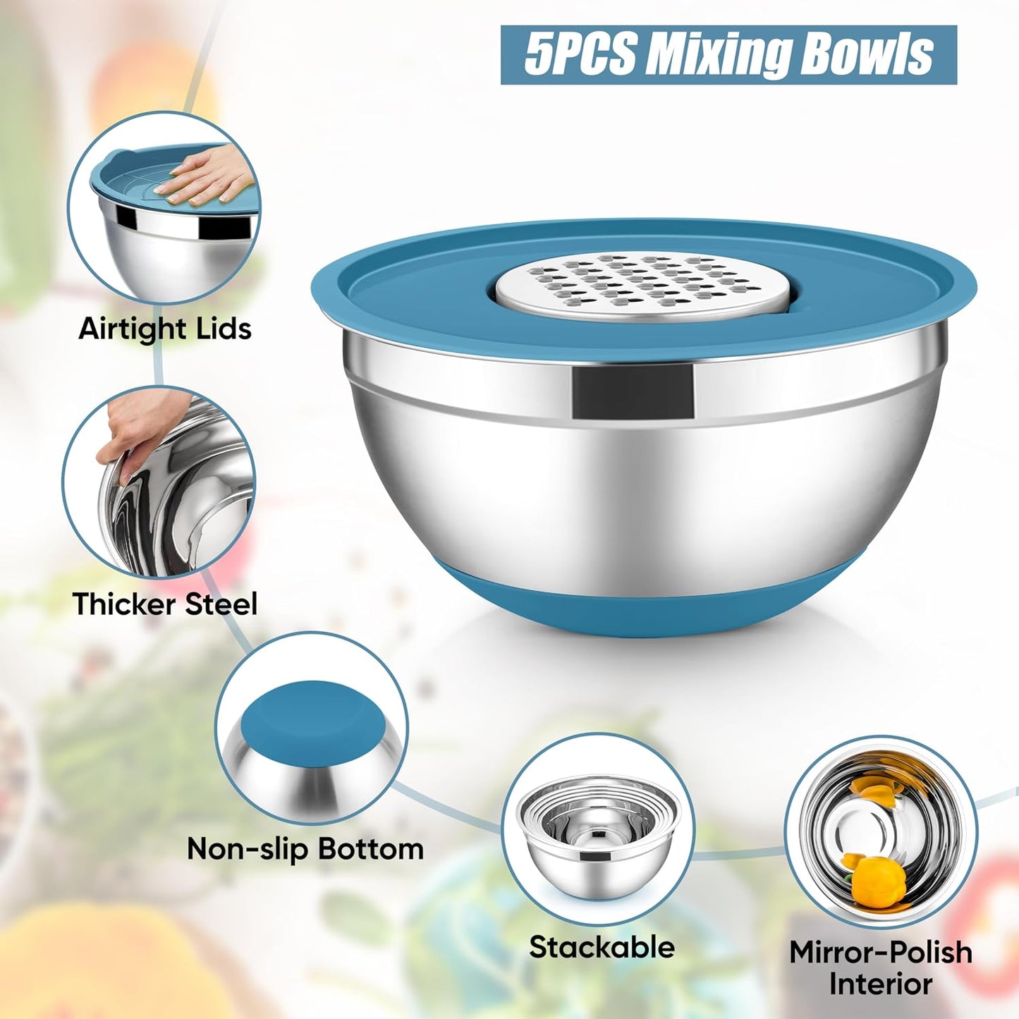 E-far Stainless Steel Mixing Bowls with Lids Set, 5-Piece Nesting Salad Bowls with 3 Grater Attachments and Non-Slip Bottoms, Size 4.6, 2.6, 2, 1.5, 1QT for Kitchen (Khaki)