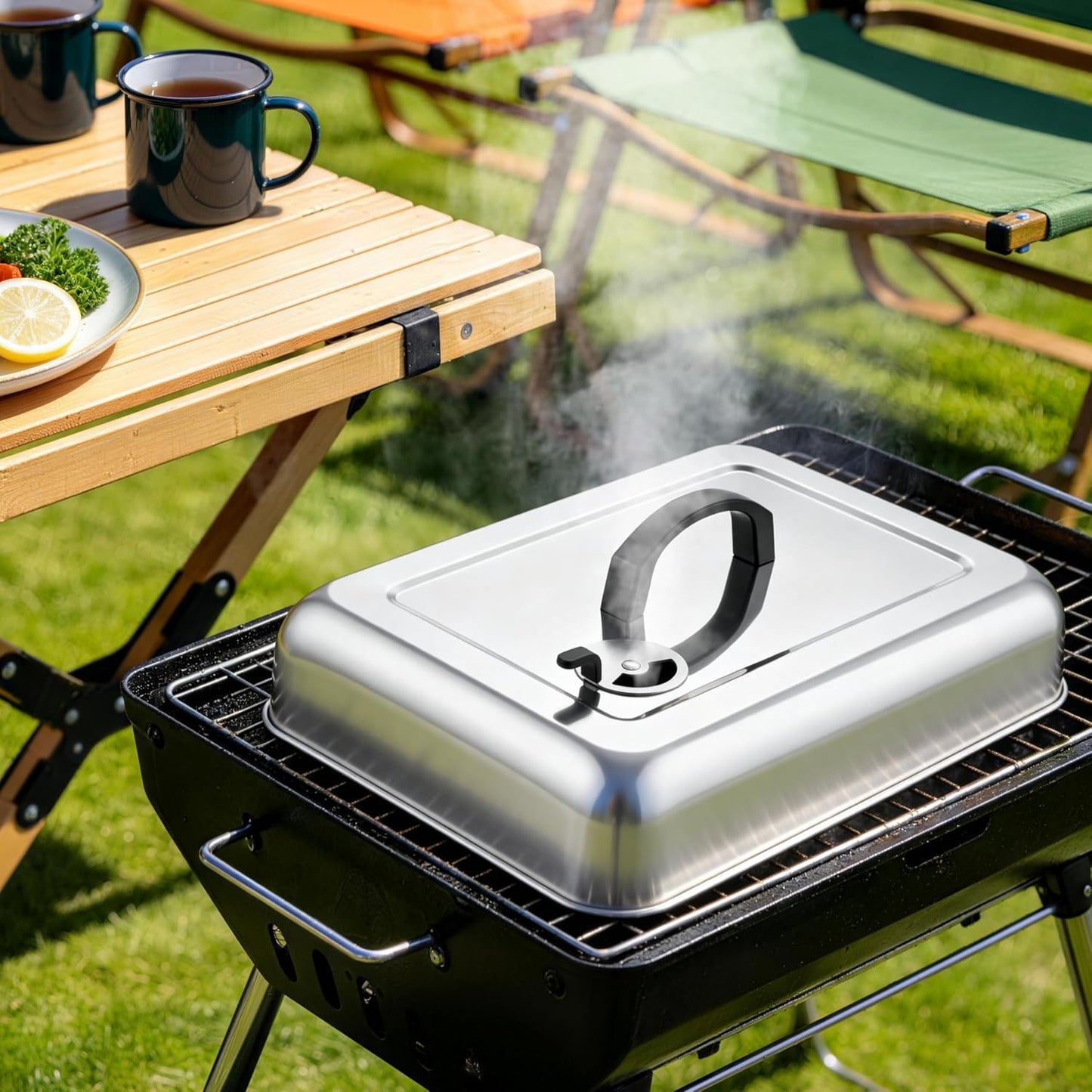 Leonyo 13 x 9 Inch Rectangular Basting Cover Set of 2, Stainless Steel Cheese Melting Dome Lid with Adjustable Vent Heavy Duty for Outdoor&Indoor Flat Top Griddle Accessories Teppanyaki BBQ Grilling