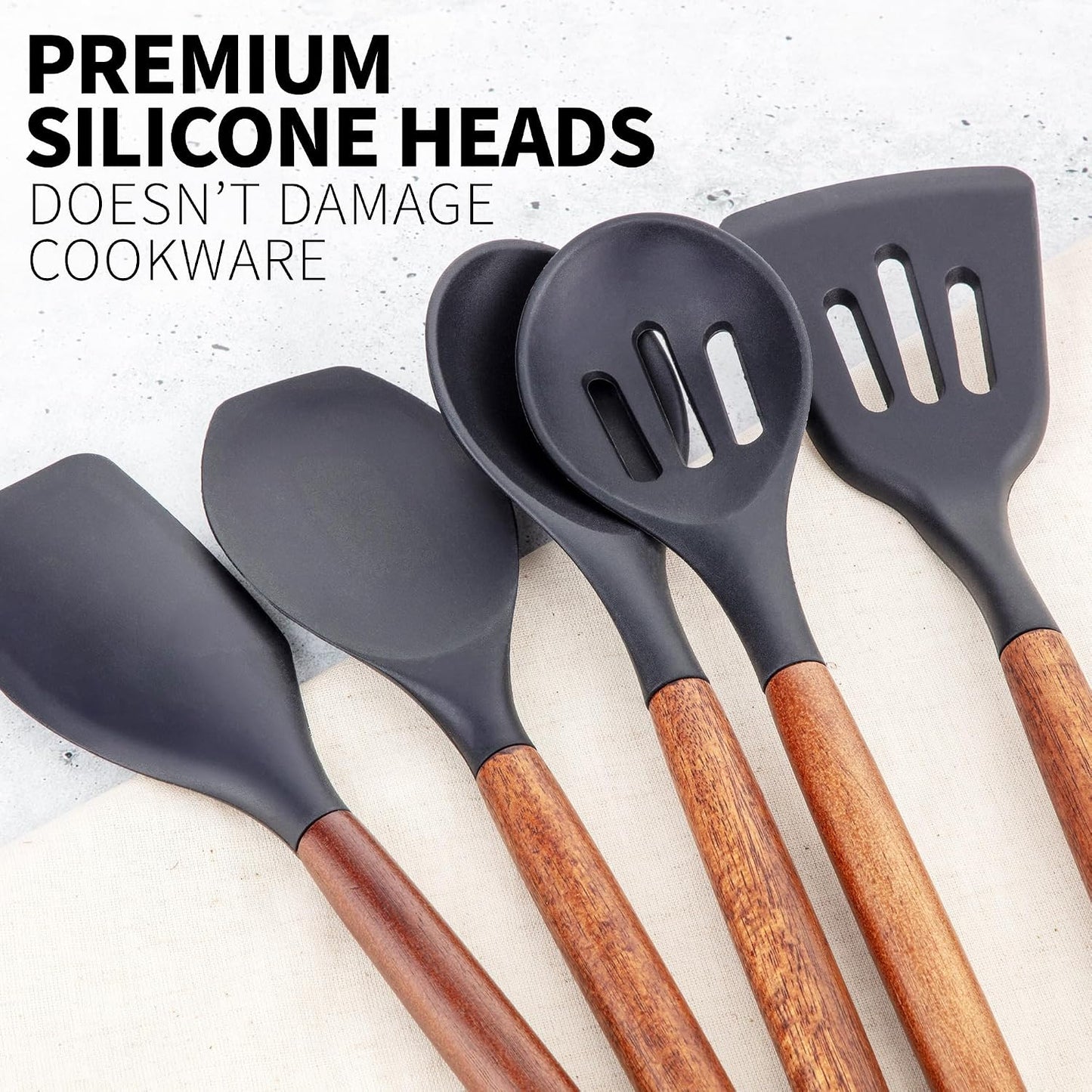 Zulay Kitchen Utensils Set Non-Stick Silicone Cooking Utensils Set with Authentic Acacia Wood Handles - 5 Piece Silicone Utensil Set - Kitchen Utensils Set with 464°F Heat Resistance - Gray
