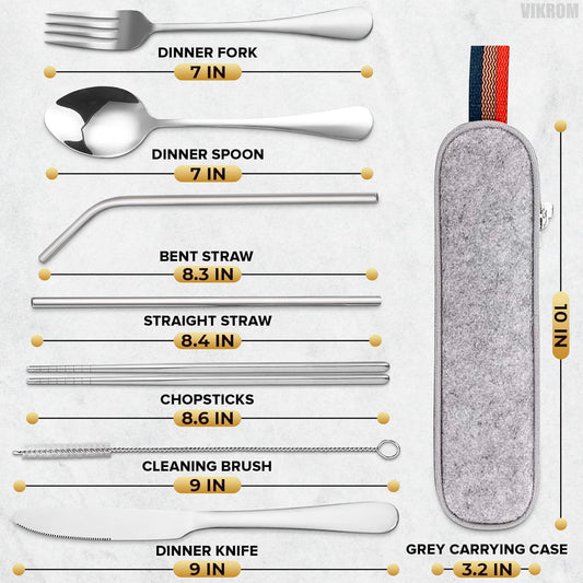 8-Piece Travel Silverware Set with Case – Stainless Steel Reusable Utensils for Camping, Picnic, Work, Lunch Box, and Travel Dishwasher Safe, Compact and Portable – Great for On-the-Go Meals