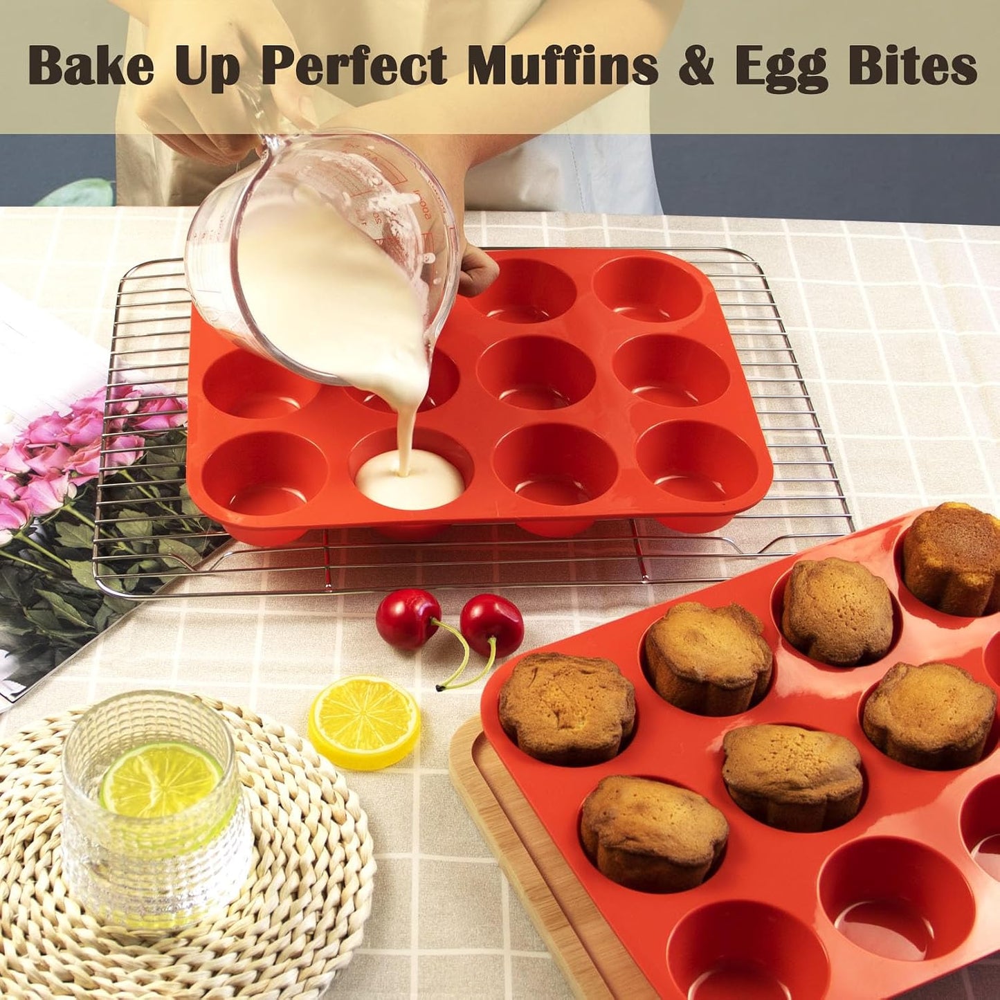 24 Cups Silicone Mini Muffin Pan Set, Nonstick Mini Cupcake Pans, BPA Free Small Muffin Tin for Baking, Set of 2 (Green+Purple)