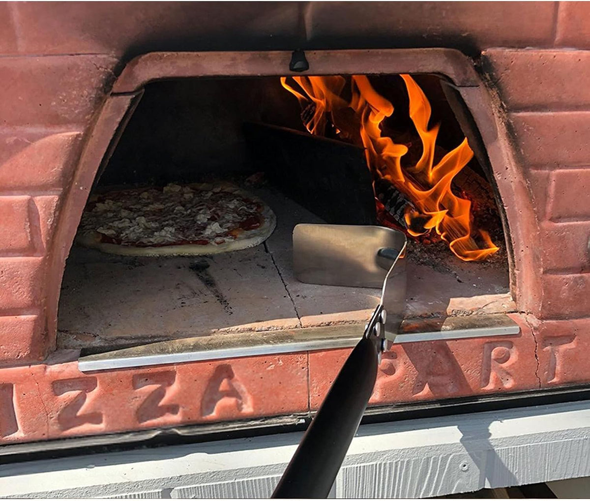 Pizza Turning Peel 9 Inch Perforated Pizza Peel and Pizza Brush Ash Rake 4 Piece Wood Fired Commercial Pizza Oven Utensil Kit with 40-Inch Aluminum Handle