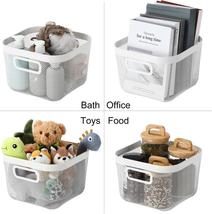 MorningRo 6 Pack Metal Mesh Basket with Hollow Handles Black Wire Storage Bin for Organizing Stackable Metal Fine Mesh Basket for Pantry Bathroom Kitchen Cabinets Shelves (Medium)