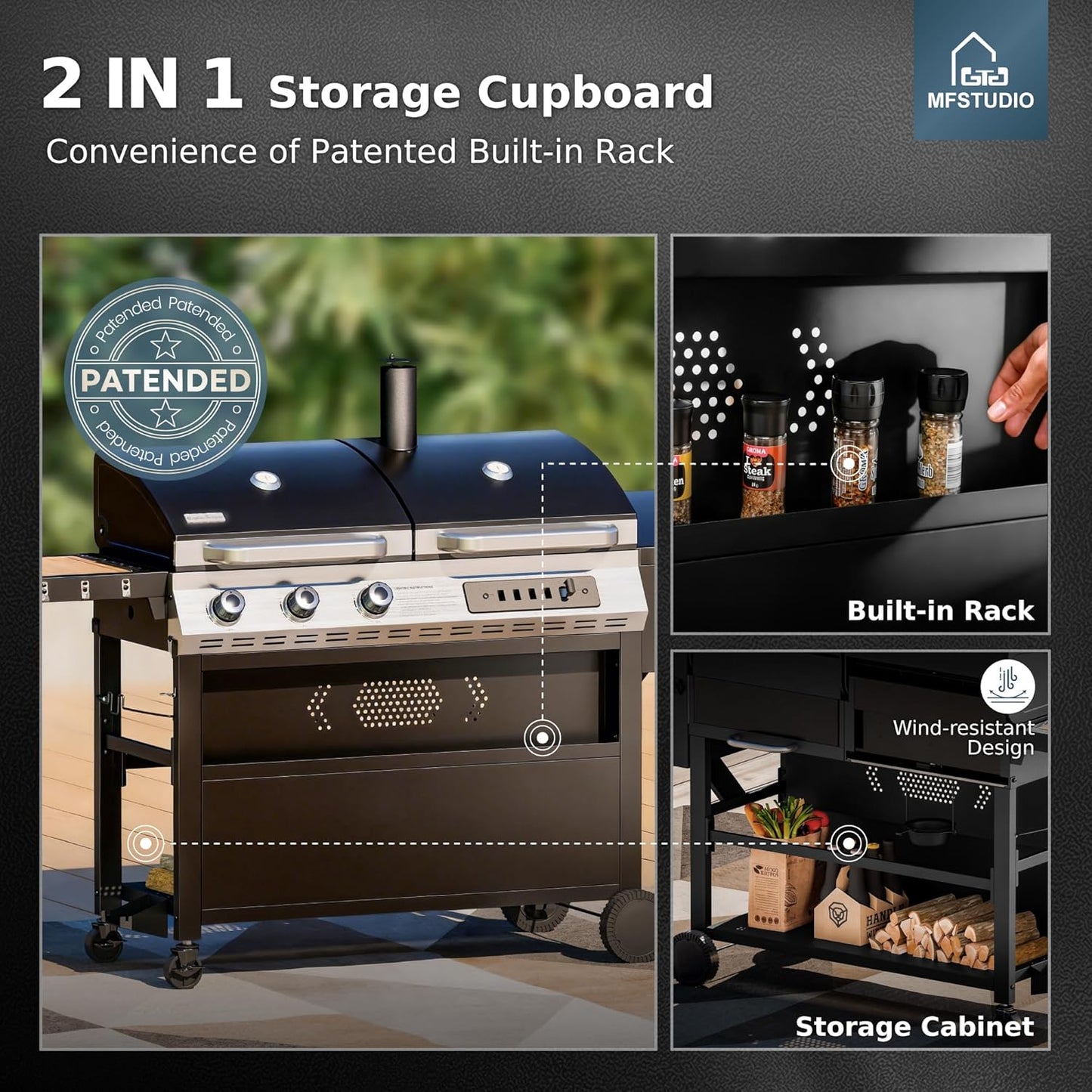MFSTUDIO 5 Burner Gas Grill Griddle Combo with Porcelain-Enameled Cast Iron Grates,Cutting Board and Double Lids, Duel-Function Propane BBQ Grills with Flat Top Grddle for Outdoor Barbecue Cooking