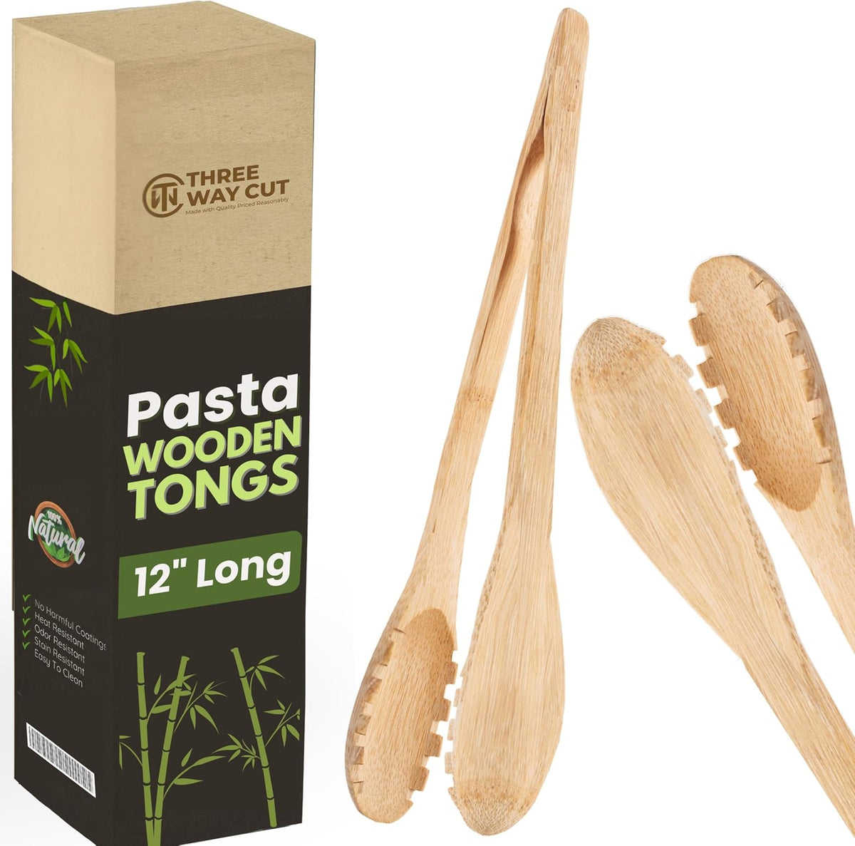 12" Pasta Salad Bamboo Tongs – Natural Wooden Tongs For Cooking & Serving Food, Wooden Kitchen TongsW/Teeth For Pasta Spaghetti Noodles, Salad & Oven Toaster Baking, Heat Resistant Long Wood Tong