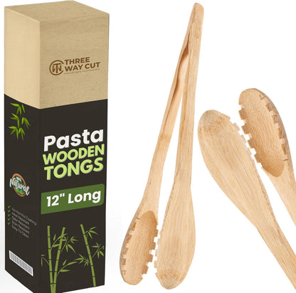 12" Pasta Salad Bamboo Tongs – Natural Wooden Tongs For Cooking & Serving Food, Wooden Kitchen TongsW/Teeth For Pasta Spaghetti Noodles, Salad & Oven Toaster Baking, Heat Resistant Long Wood Tong