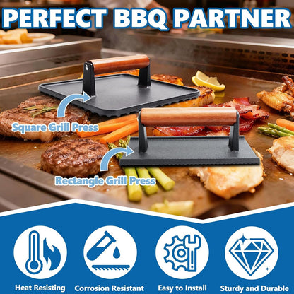 Cast Iron Square Burger Press&Rectangle Meat Press for Griddle Accessories