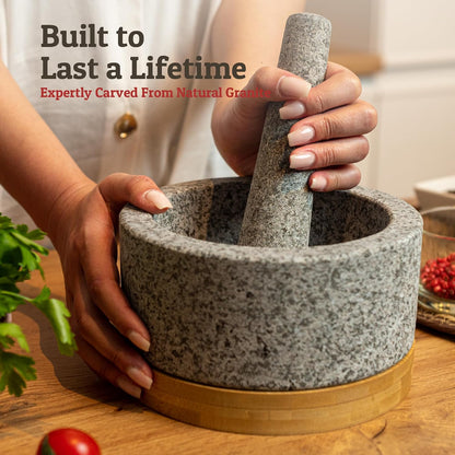 PriorityChef Heavy Duty Mortar and Pestle Set with Bamboo Base, 100% Natural Granite Stone Grinder, Guacamole Bowl and Masher, 1.5 Cups, Black
