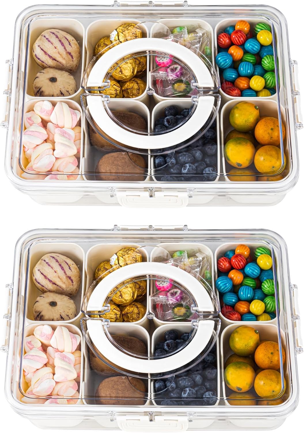 Amzcku Divided Serving Tray with Lid and Handle - Snackle Box Charcuterie Container for Portable Snack Platters - Clear Organizer for Candy, Fruits, Nuts, Snacks - Perfect for Party, Entertaining