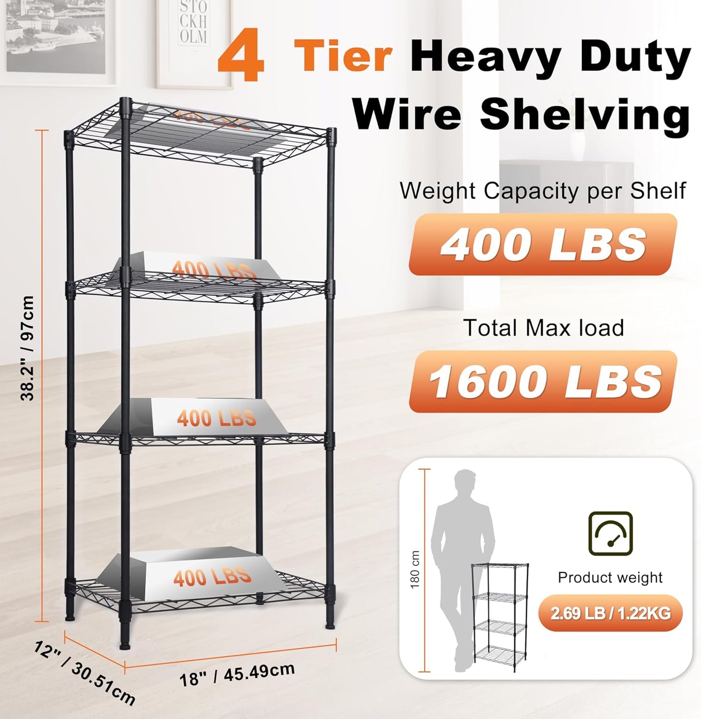 Whitmor 2-Wire Shelving Unit, Metal Storage Shelves, Stacking Shelf with Basket, Easy Assembly Home Organizer for Pantry, Kitchen, Garage, Plant