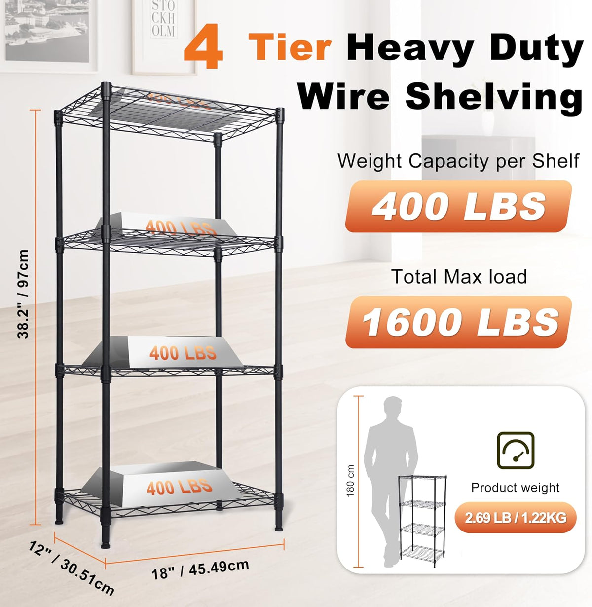 Whitmor 2-Wire Shelving Unit, Metal Storage Shelves, Stacking Shelf with Basket, Easy Assembly Home Organizer for Pantry, Kitchen, Garage, Plant