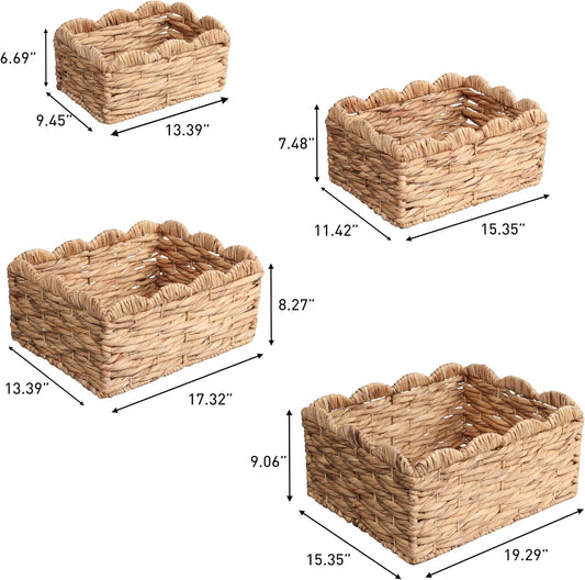 Eyely KSB2021B-4SET Anne Rustic Cottage Handwoven Water Hyancinth Scalloped Edge Nesting Storage Baskets, Seagrass Containers for Decoration in Living Room, Bedroom, Brown (Set of 4)