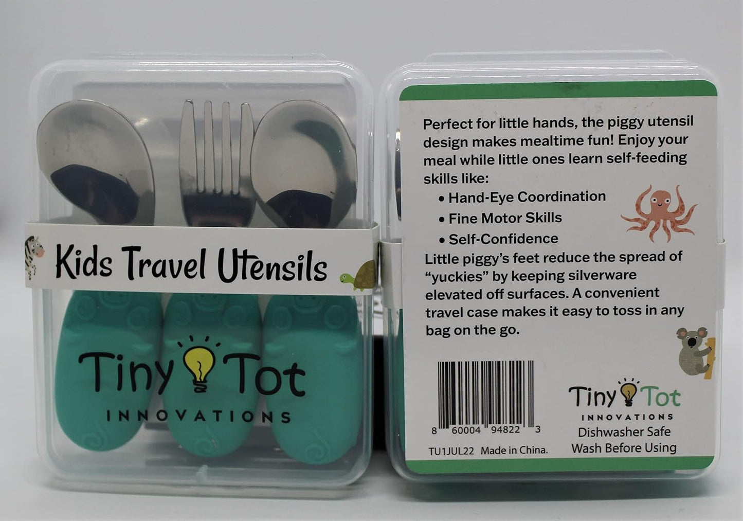 Kids Travel Utensil Set with Case. Include Fork, Universal Spoon, & Ergonomic Right Handed Spoon. Easy grip handles, 304 stainless utensils, feet to keep the utensils off surfaces.