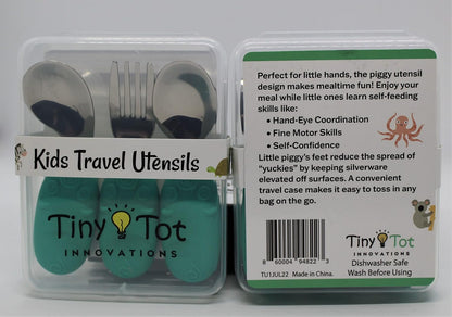 Kids Travel Utensil Set with Case. Include Fork, Universal Spoon, & Ergonomic Right Handed Spoon. Easy grip handles, 304 stainless utensils, feet to keep the utensils off surfaces.