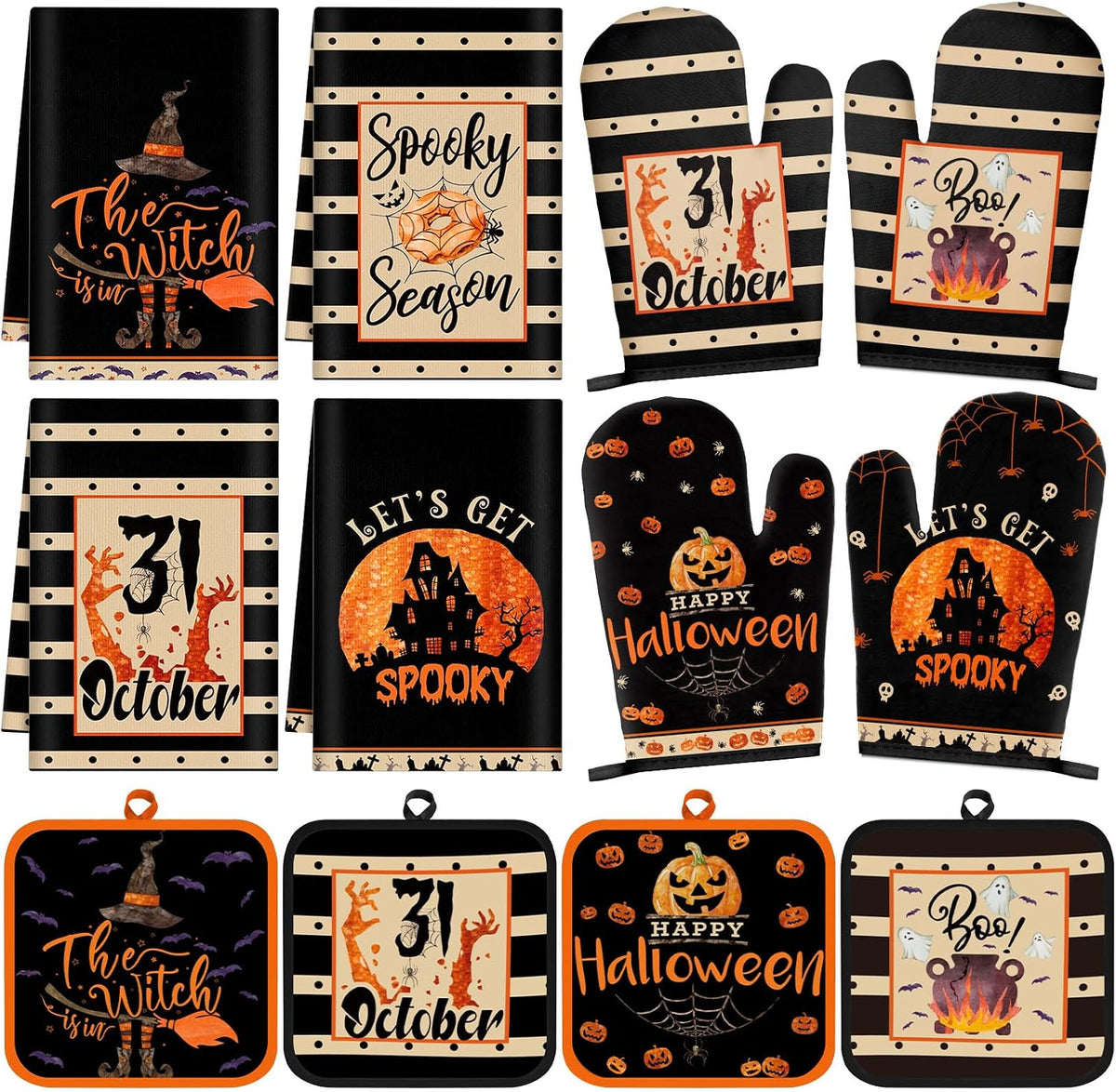 SiliFine 12 Pcs Fall Pumpkin Kitchen Towels Oven Mitts Pot Holders Set