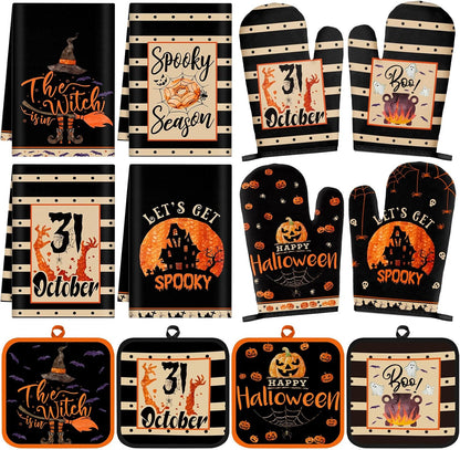 SiliFine 12 Pcs Fall Pumpkin Kitchen Towels Oven Mitts Pot Holders Set