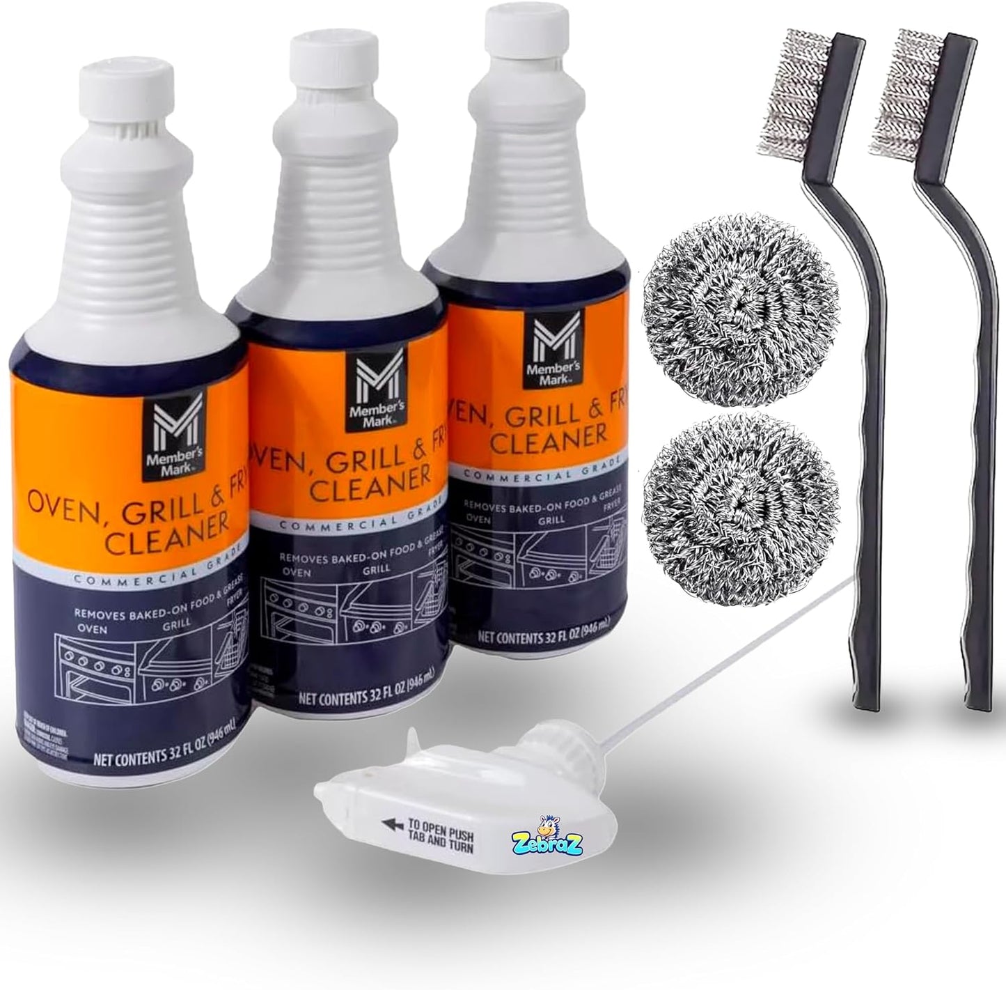Heavy-Duty Oven, Grill & Fryer Cleaner Kit – 3 Bottles (32 fl oz Each) + Trigger Sprayer + 2 Steel Sponges + 2 Wire Brushes – Commercial Grade Grease Remover